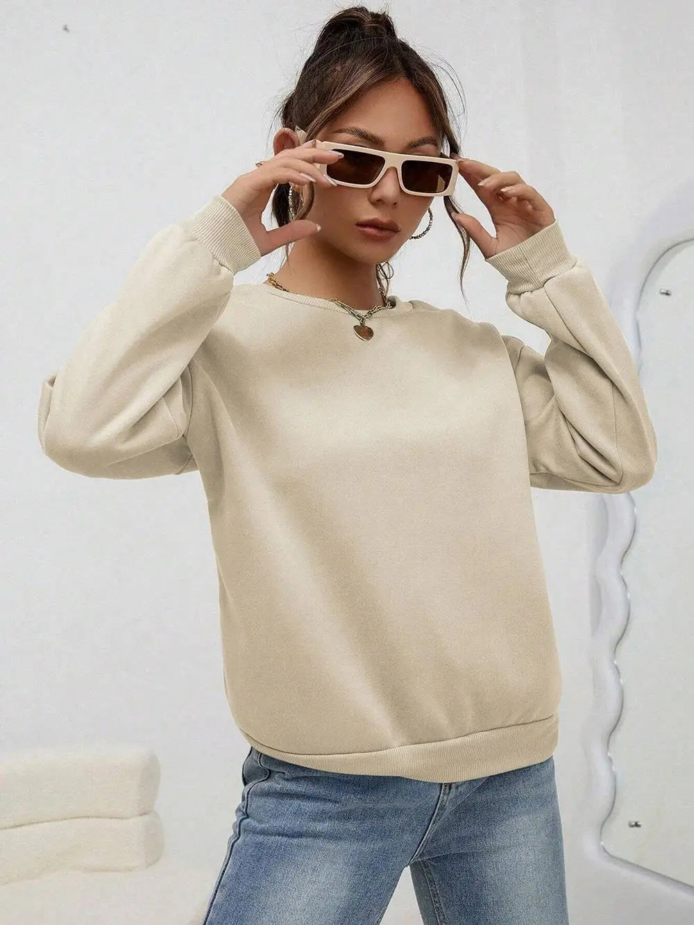 Woman Sweatshirt Casual Solid Color All