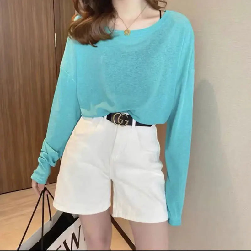 Knitted Solid Sun Proof Blouse Women