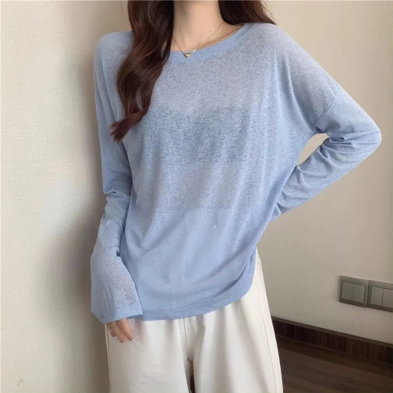 Knitted Solid Sun Proof Blouse Women