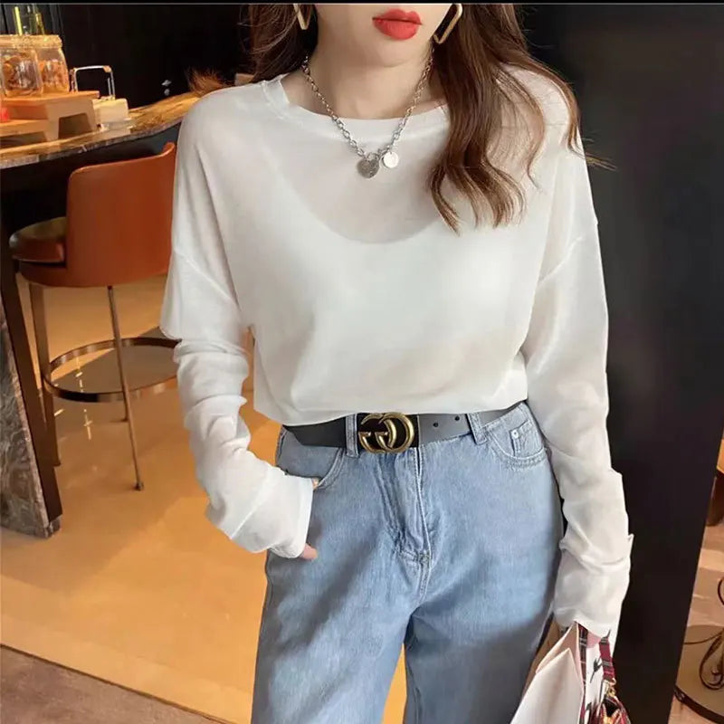 Knitted Solid Sun Proof Blouse Women