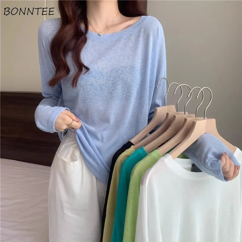 Knitted Solid Sun Proof Blouse Women