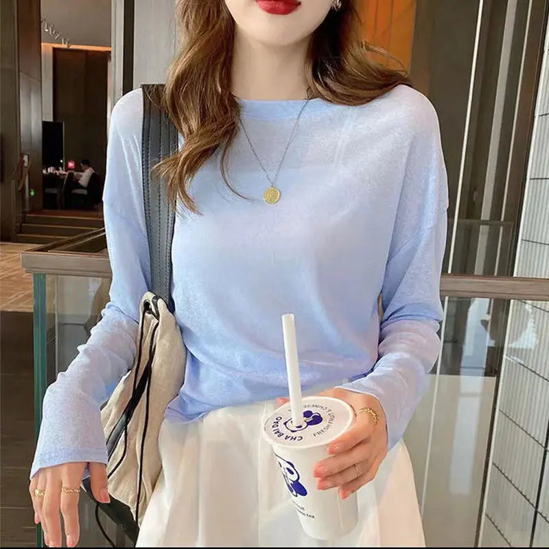 Knitted Solid Sun Proof Blouse Women