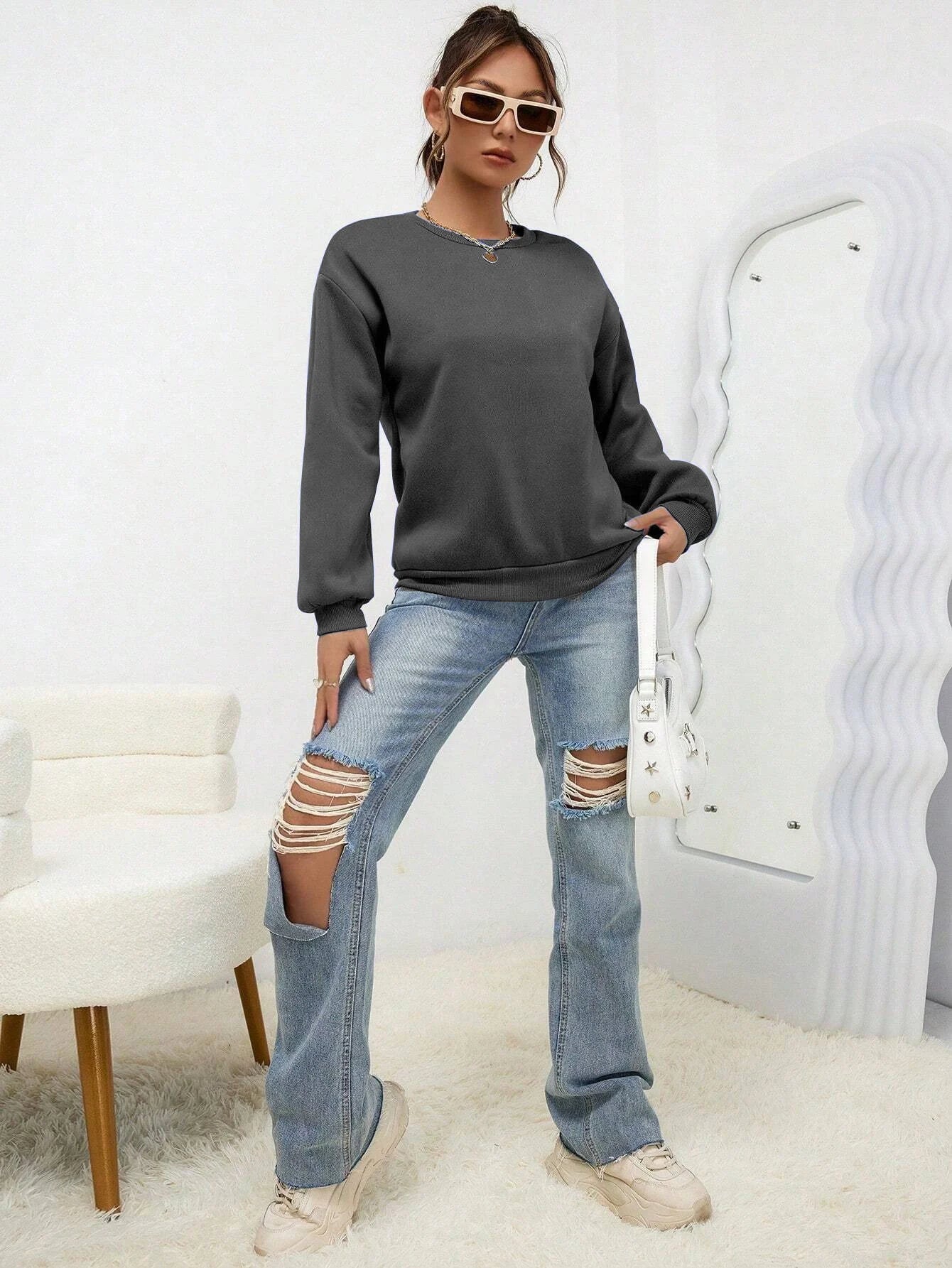 Woman Sweatshirt Casual Solid Color All