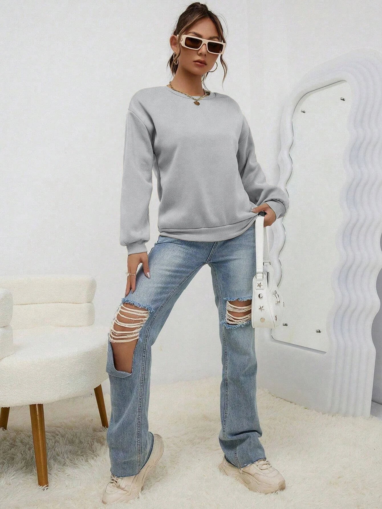 Woman Sweatshirt Casual Solid Color All