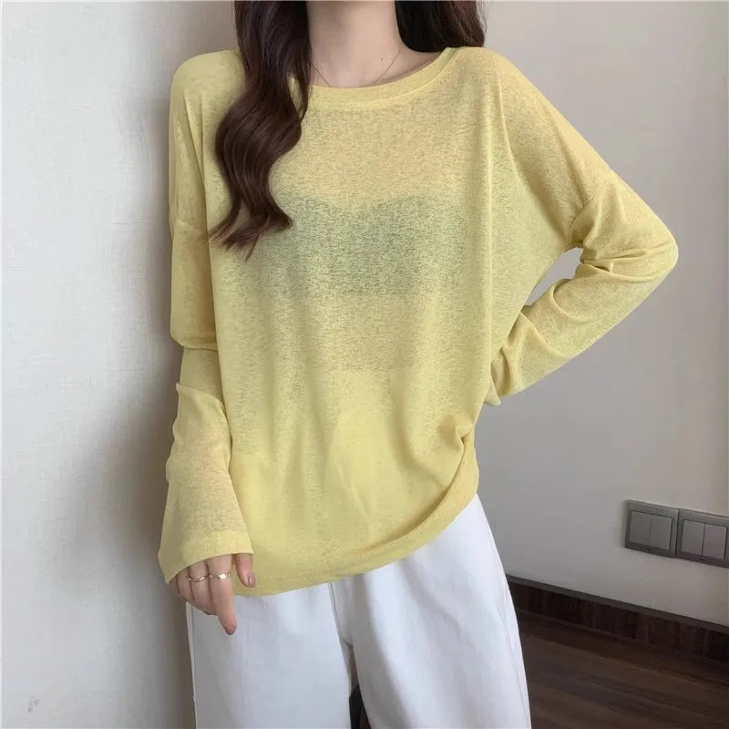 Knitted Solid Sun Proof Blouse Women