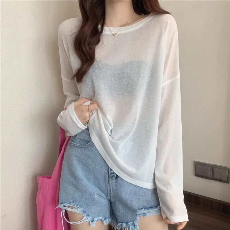 Knitted Solid Sun Proof Blouse Women