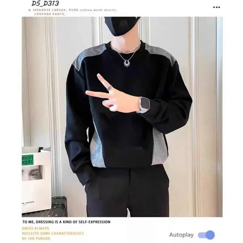 Spliced   sweatshirt Men's Spring Autumn New Round Neck Long-sleeved Bottoming Shirt T-shirt Trendy Casual Top Hoodies